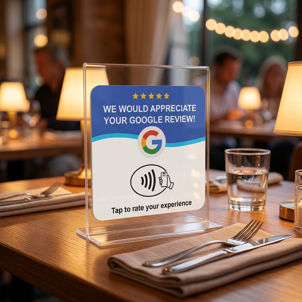 Google review NFC-kort på ett dukat restaurangbord