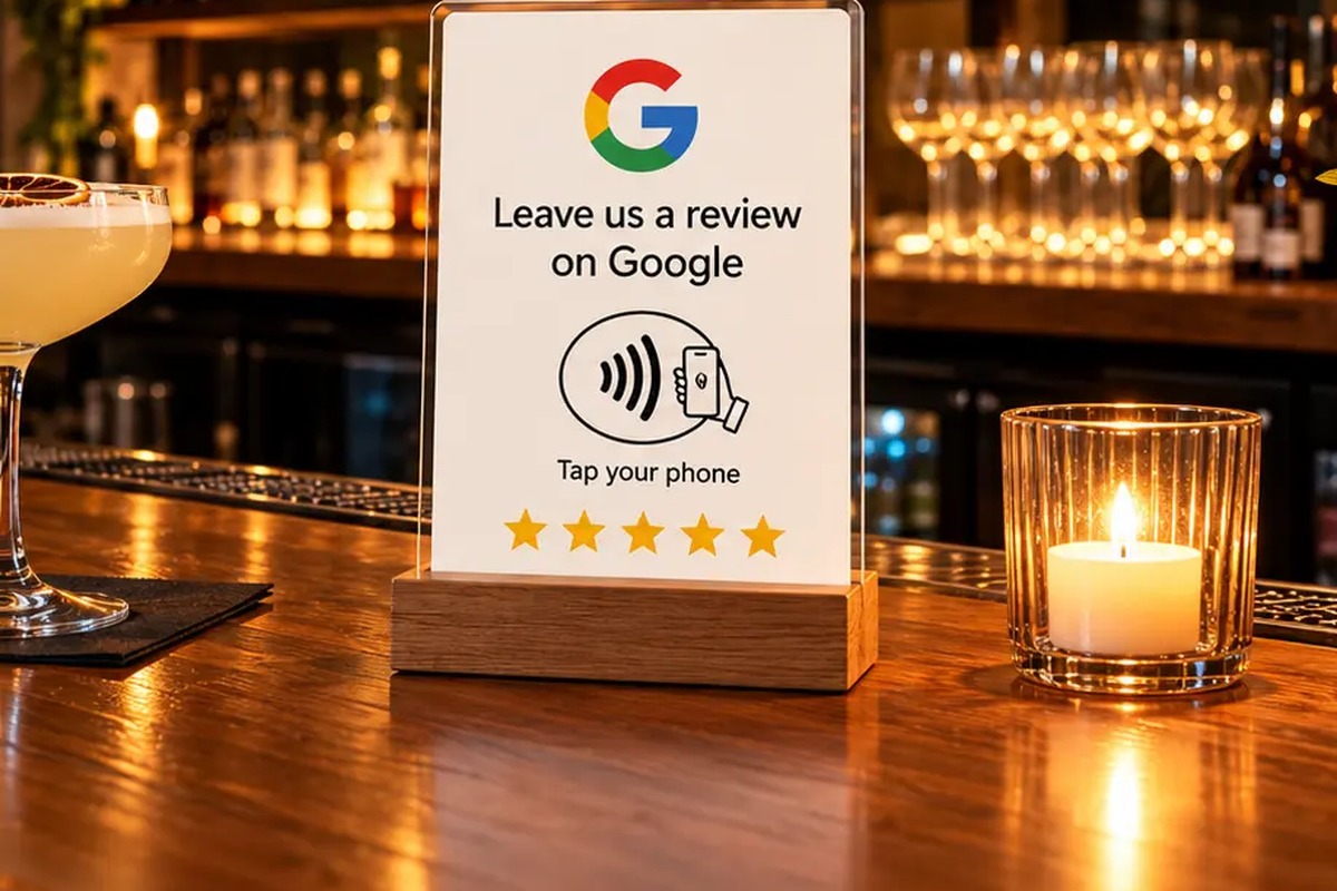 Bardisk med NFC-ställ för Google-recensioner
