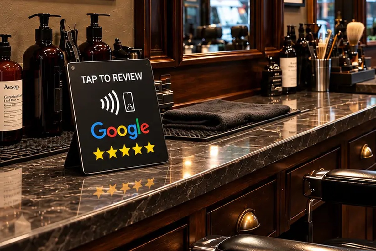 Barbershop med NFC-skylt för Google-recensioner vid stolen