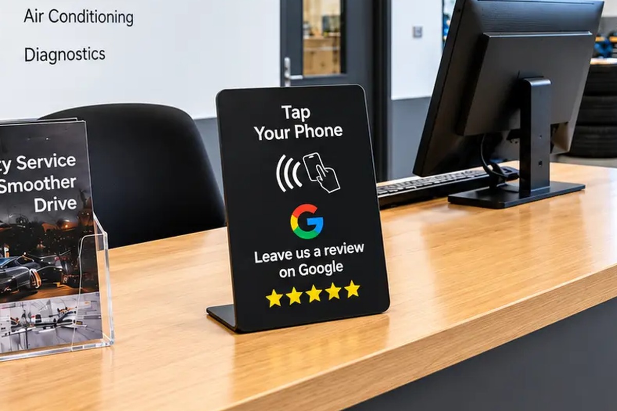 Bilverkstadens kunddisk med NFC-skylt för Google-recensioner