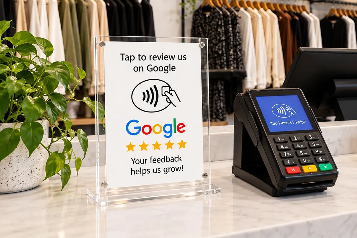 Butikskassa med NFC-skylt för Google-recensioner