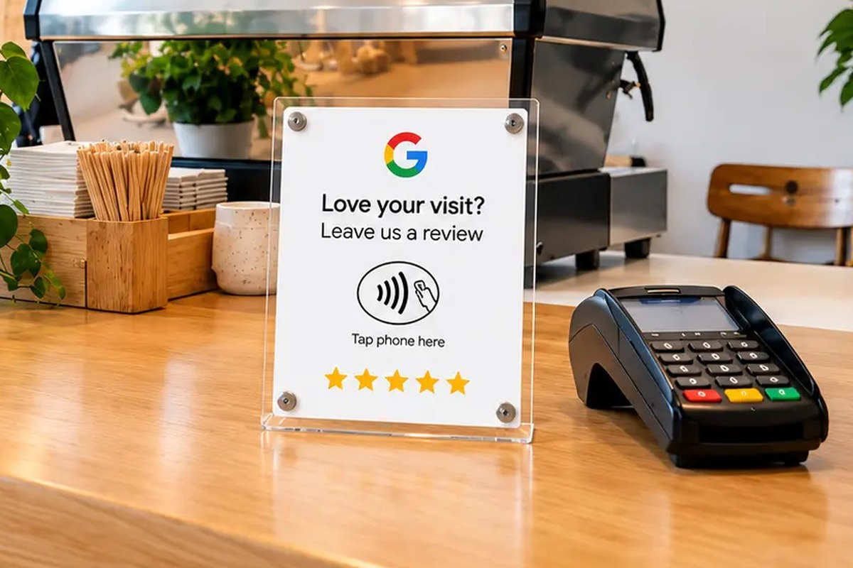 Cafédisk med Google review NFC-ställ bredvid kortterminalen