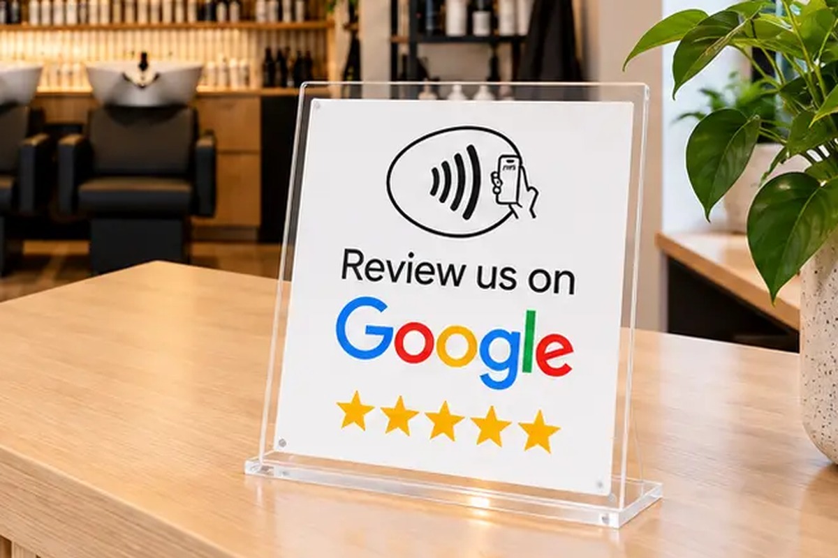 Frisörsalong med Google review NFC-ställ i receptionen