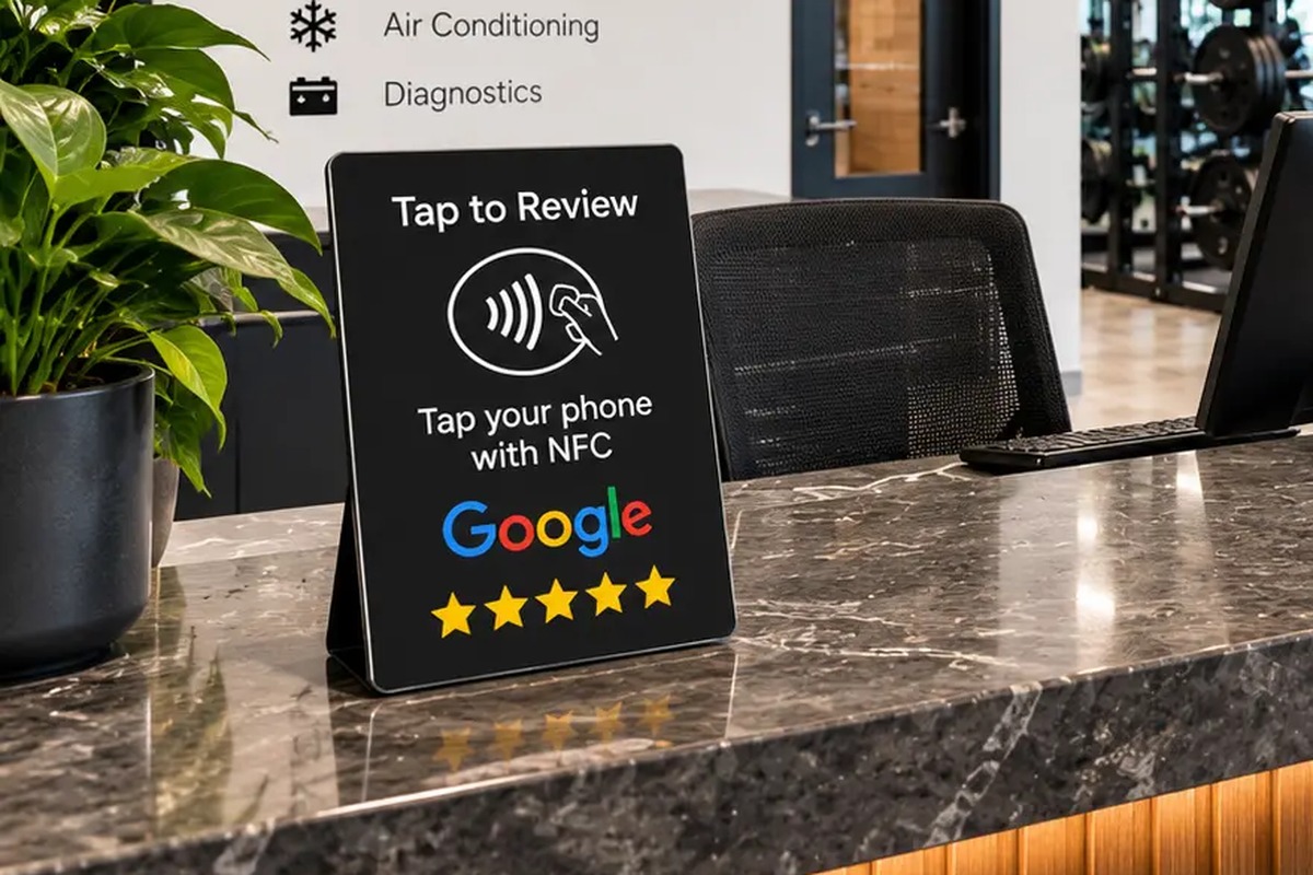 Gymreception med NFC-skylt för Google-recensioner