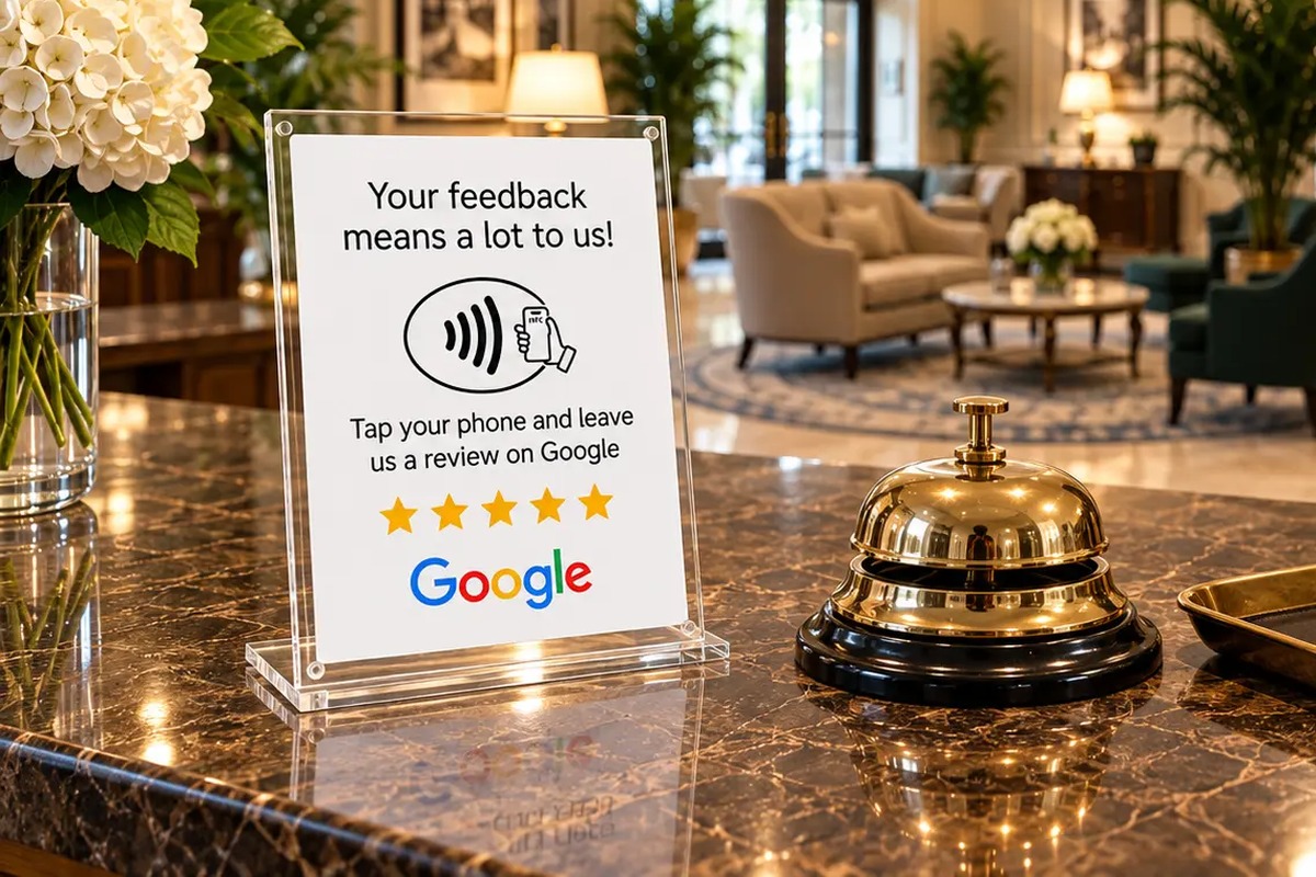 Hotellreception med NFC-ställ för Google-recensioner