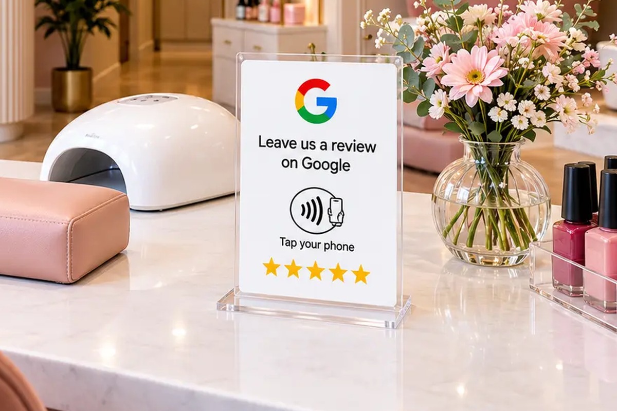 Nagelsalong med NFC-ställ för Google-recensioner på manikyrbordet