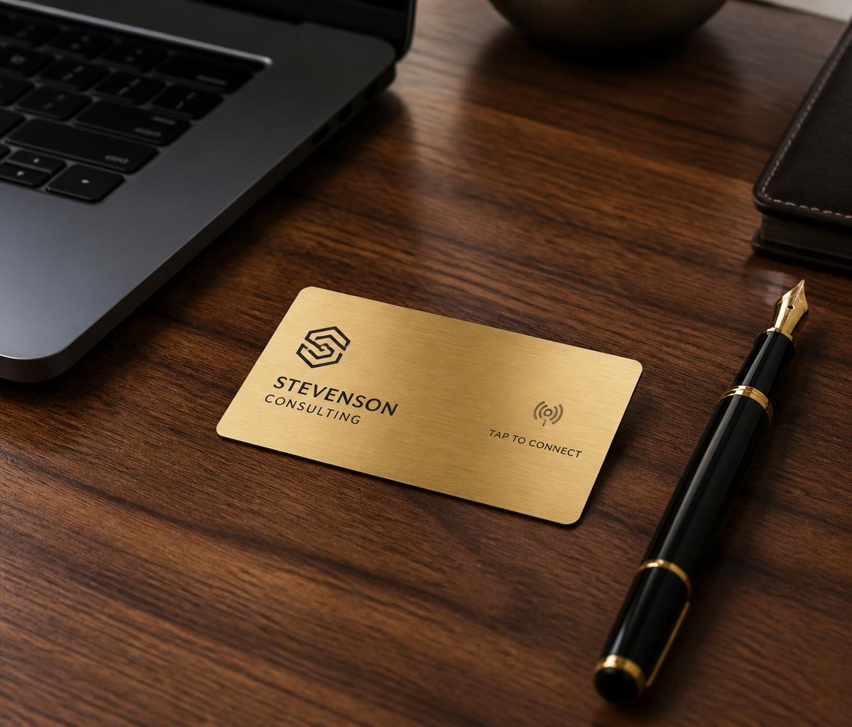 NFC-visitkort i guldmetall på ett skrivbord