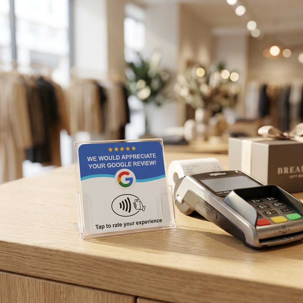 Review-kort vid kassan i en butik