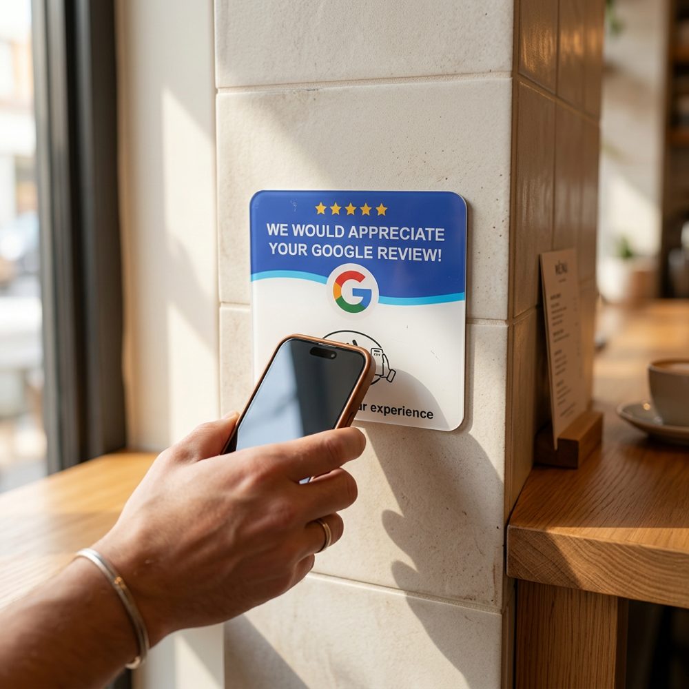 Gäst håller mobilen mot ett Google review-kort
